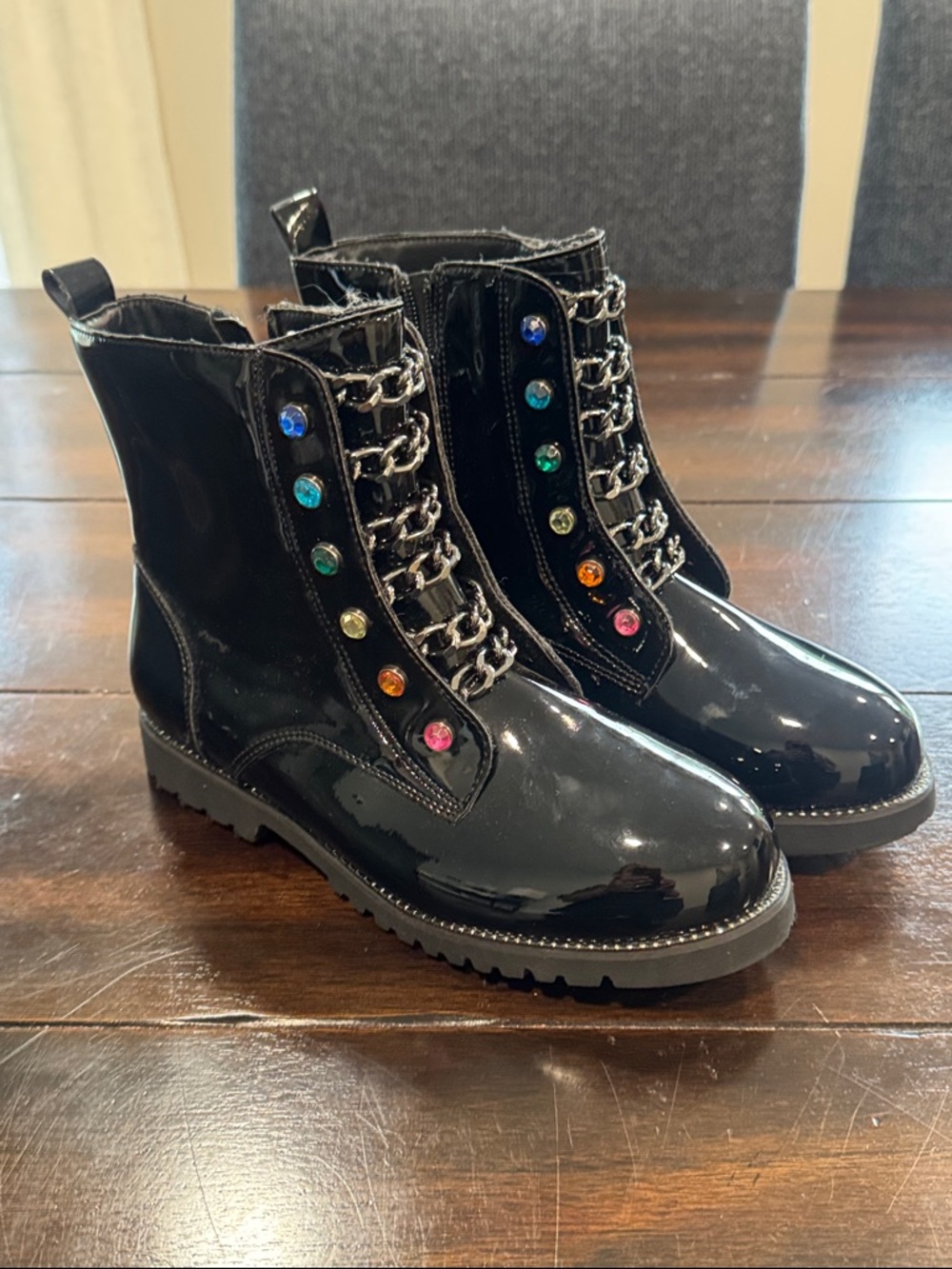 Kurt Geiger Black Patent Ankle Boots with Rainbow Gem Eyelets